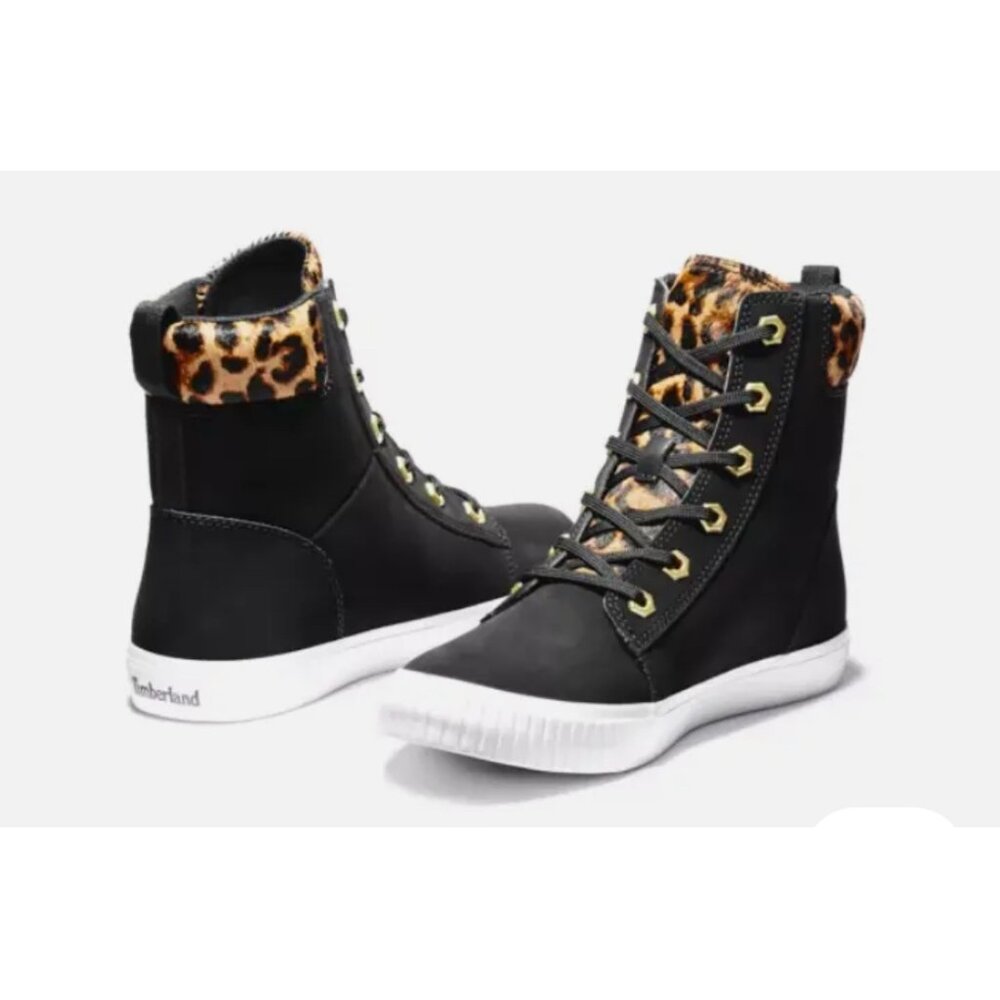 Timberland Skyla Bay Leather Calf Hair Leopard High Top Sneaker Boot Size 7